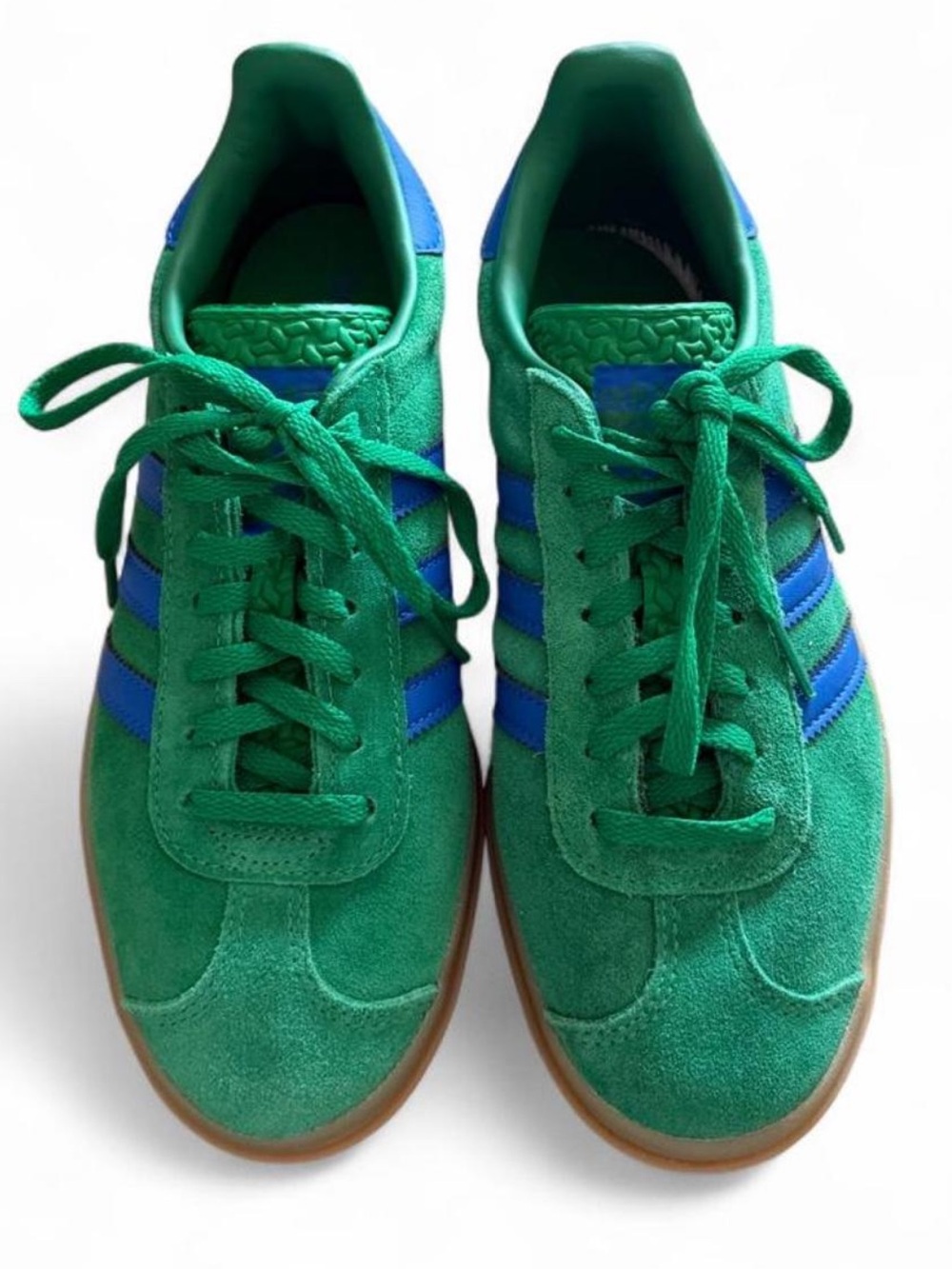 Green Suede Athletic Sneakers with Blue Stripes - woman’s